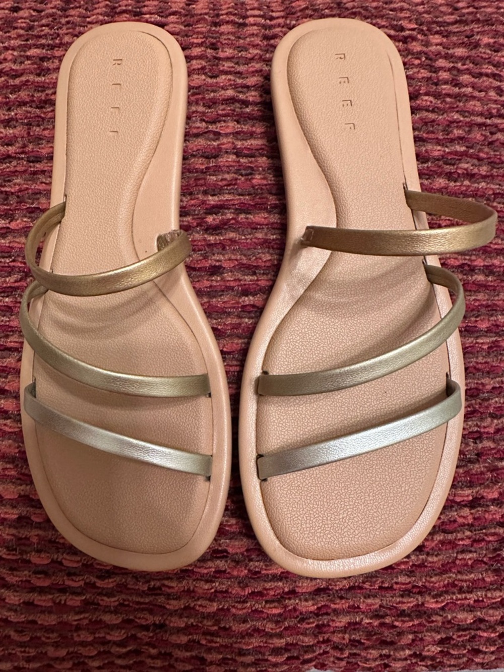 Reef Tan Slide Sandals with 3 Tone Metallic Straps